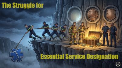 Title card: The Struggle for Essential Service Designation. An EMS crew hauls the star of life back from a cliff edge by rope while fire and police stand beside an open treasure chest.